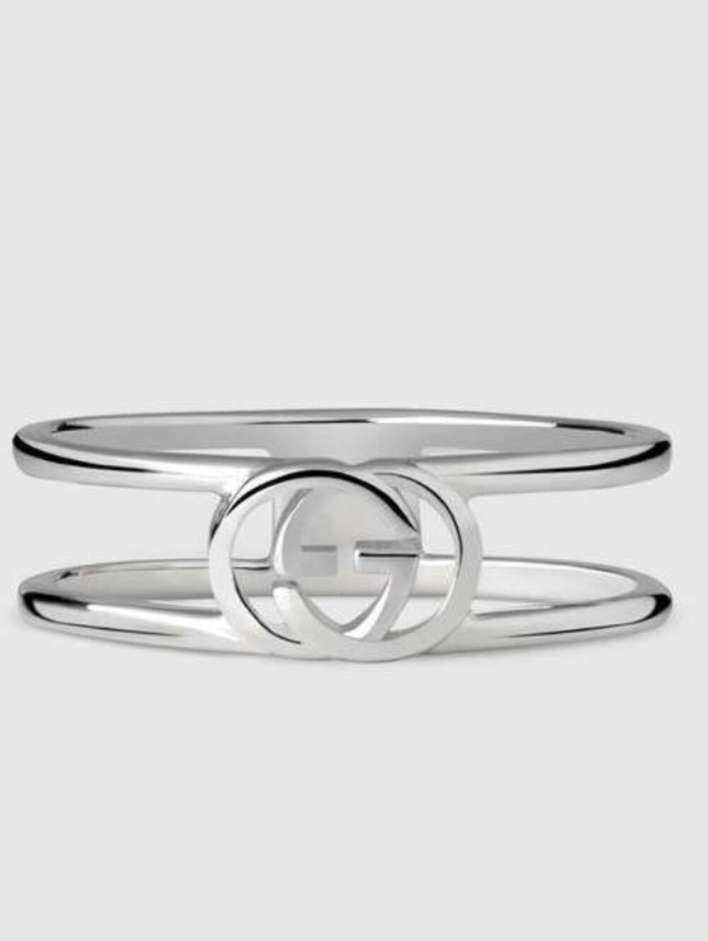 Authentic Gucci Interlocking G silver ring featuring a double band design
